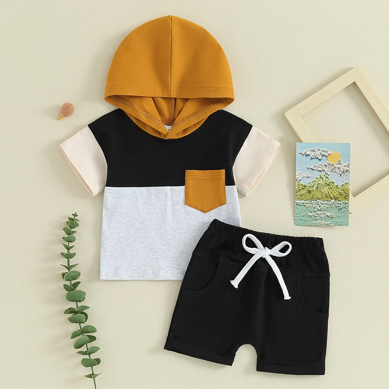 

BeQeuewll Toddler Boys 2 Piece Outfits Contrast Color Short Sleeve Hooded T-Shirt and Elastic Shorts for Summer Clothes Set