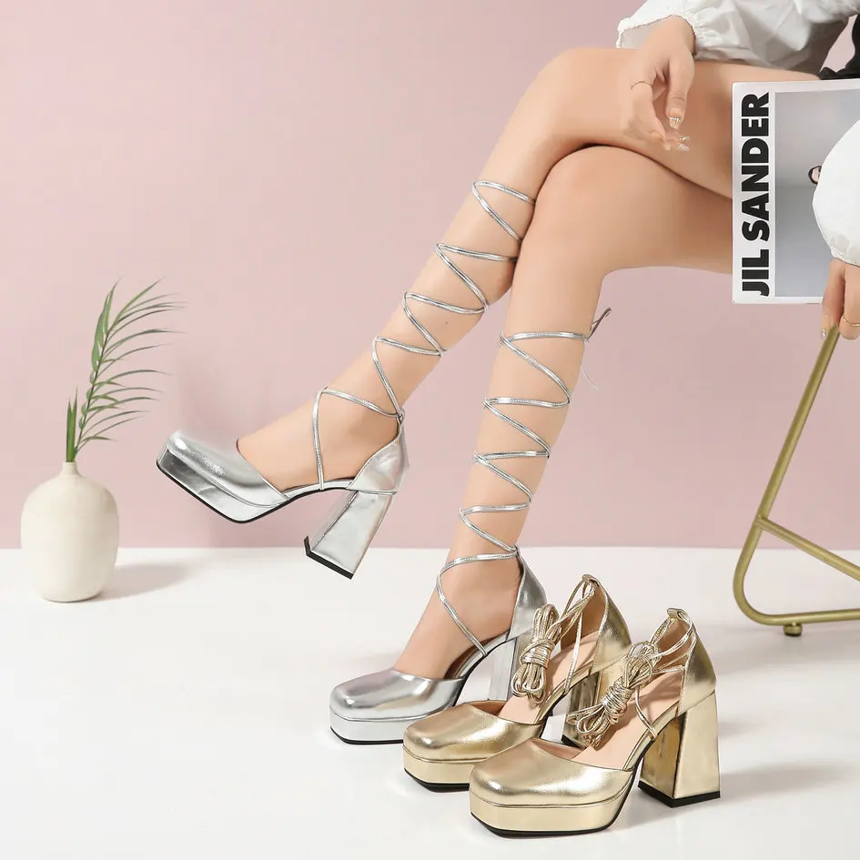 

2024 New Gold Silver Women's Summer Dress Sandals Cross Strap Gladiator Shoes Closed-toe 9.5cm Chunky Block Heels Comfy Soft PU