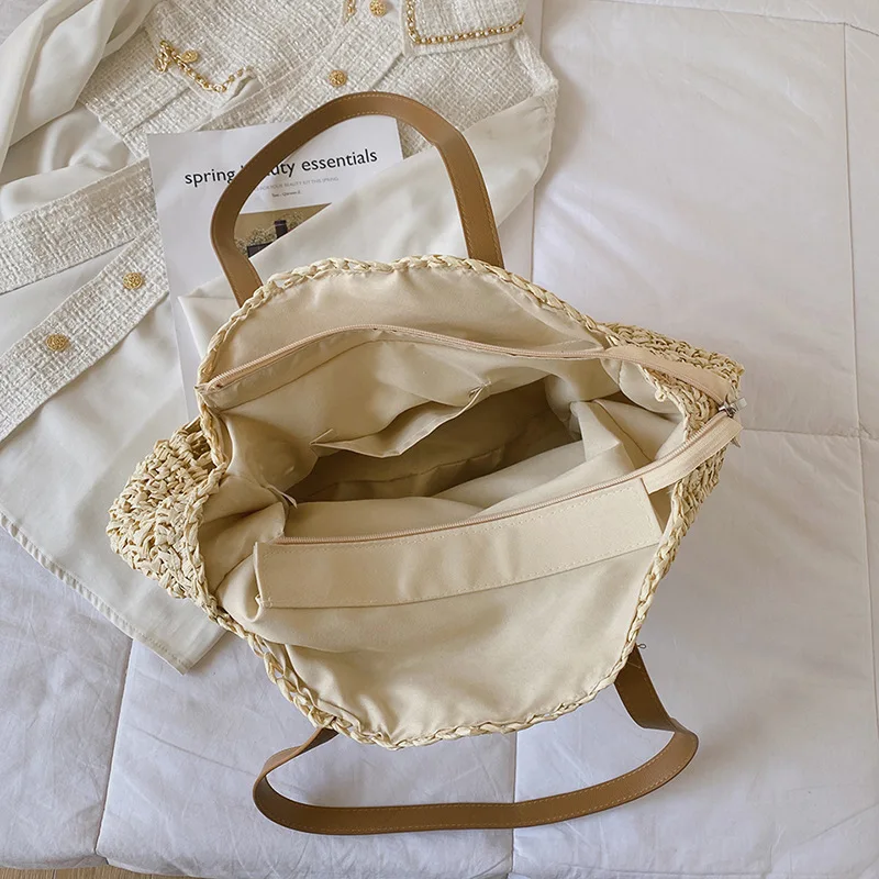 Simple Straw Circular Women Shoulder Bag Handmade Woven Bohemian Handbag Summer Beach Bag Lady Large Capacity Shopper Tote