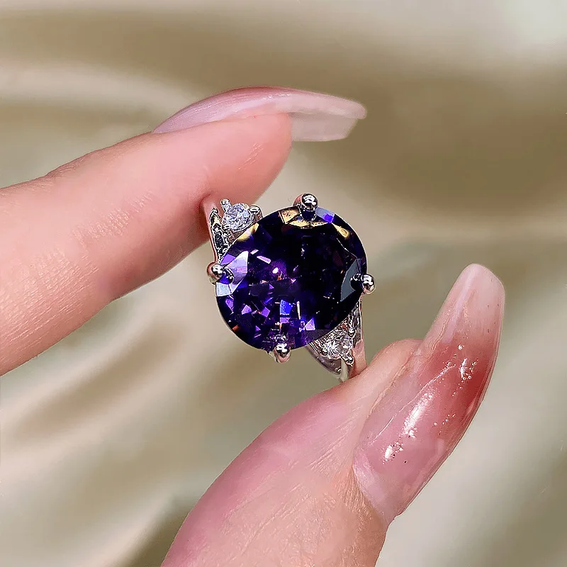 Purple Crystal Oval Engagement Ring Green Zircon Egg Shape Stone Rings For Women Vintage Silver Color Wedding Engagement Jewelry stainless steel ring