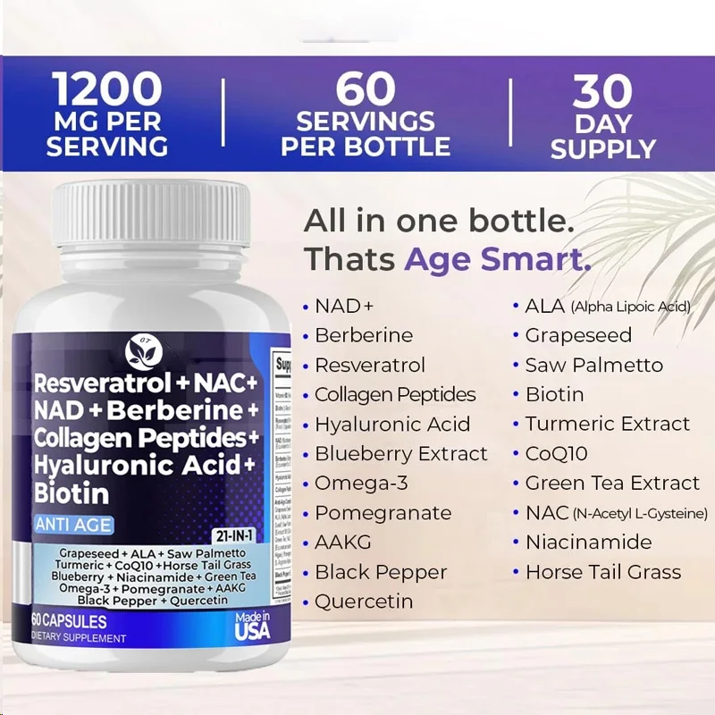 Nad+ Resveratrol Supplements Collagen Supplements Resveratrol Nad Aspartate Hyaluronic Acid Grape And Blueberry Collagen Peptides Hair Nail Skin And Joint Supplements Capsules