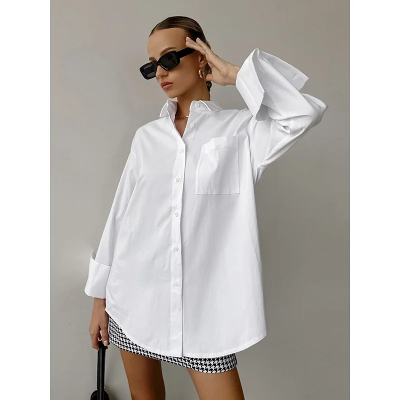 Simple Fashion Loose Cotton White Shirt Women's 2024 New Commuter Bottoming Women's Shirt Top Women's Spring Clothing Fengsb