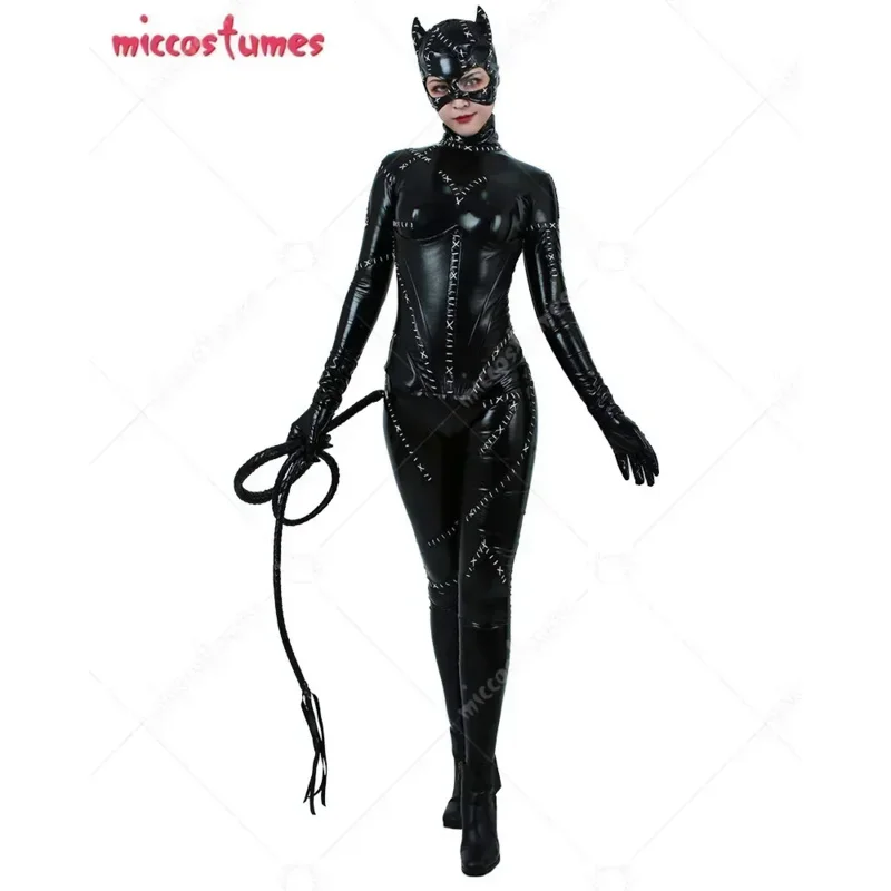 

Miccostumes Women's Cat Fullbody Black Catsuit Deluxe Cosplay Costume Whip Zipper Patch for Halloween