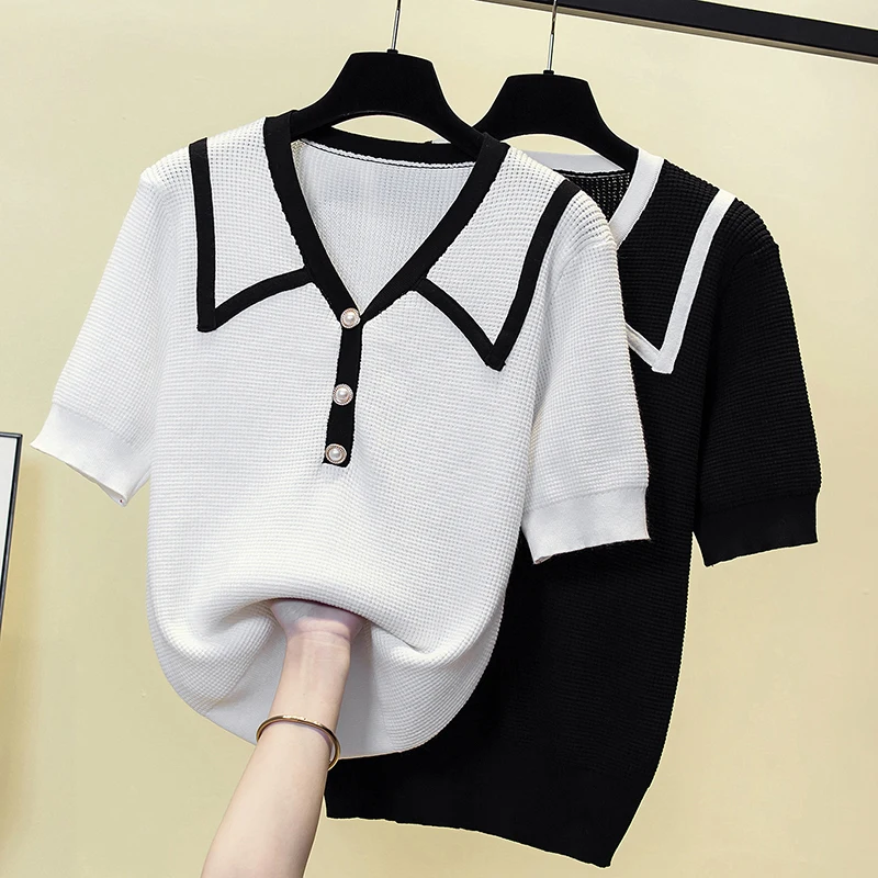 

Large Size Women Sweaters Short Sleeves V-neck Bottoming Shirt Knitwear 2023 Summer Black White Pullovers Korean Jumpers