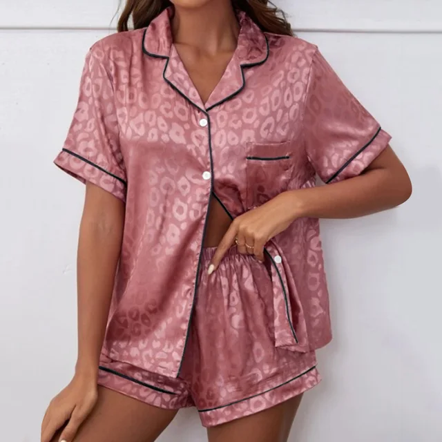 Womens Satin Printed Pajamas Sets Short Sleeved Lapel Silk Housewear Comfortable Girl Tops+Shorts 2 Pcs Set Size 12 Plus-size 3