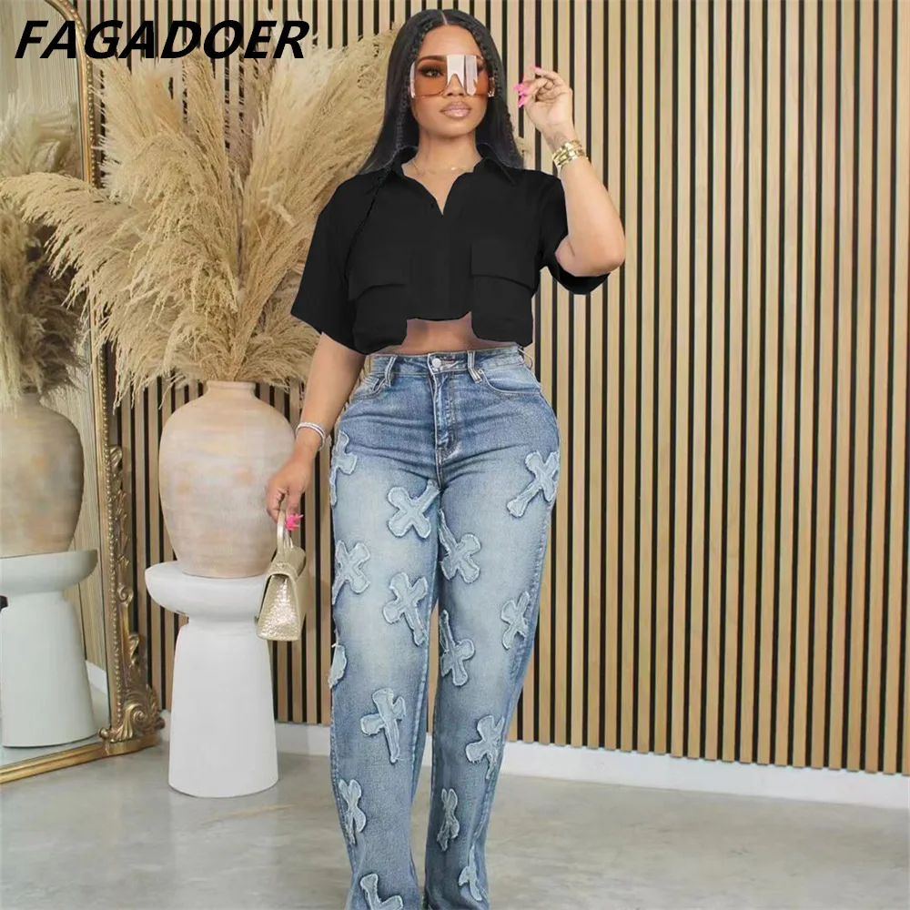 FAGADOER 여성용 단색 포켓 루즈 셔츠, 턴다운 칼라 단추 긴팔, 불규칙한 크롭탑 의류, 화이트, 여름 신상