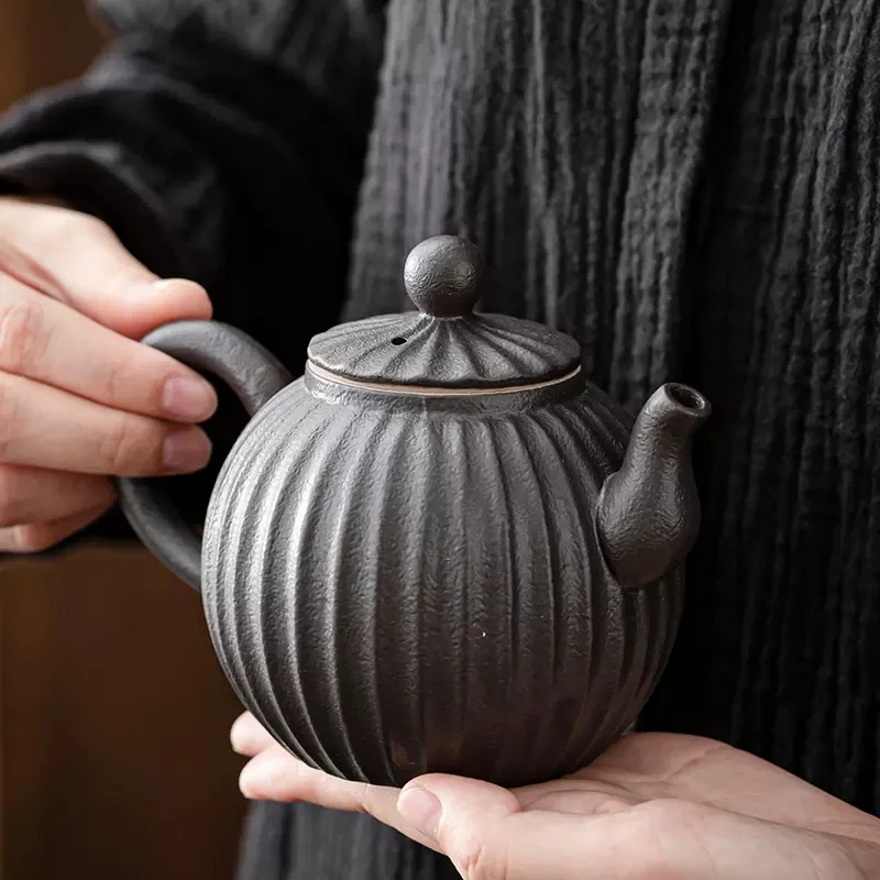 Chinese style retro stoneware persimmon shape hand-held teapot, handmade pottery kiln, personalized tea maker