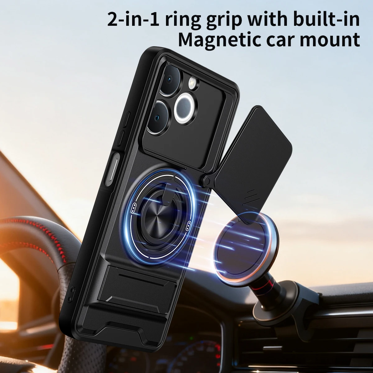 Armor Shockproof Phone Case with Sliding Camera Cap and Built-in Magnet Ring Kickstand