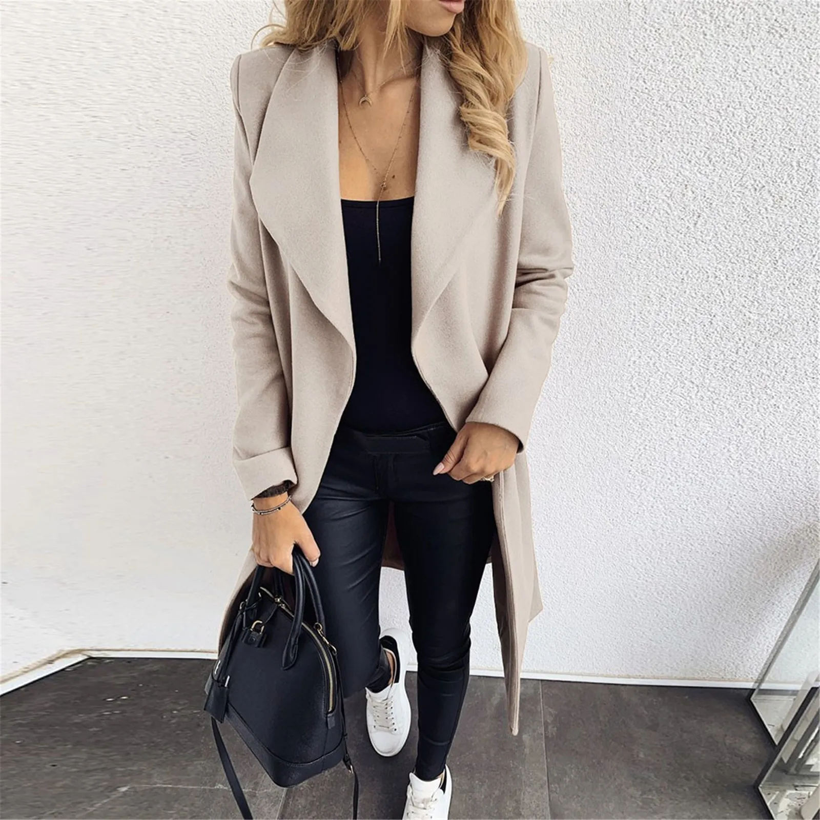 

Women Long Blend Coat Solid Color Turn Down Collar Cardigan Tops Autumn Winter Business Coats Female Elegant Temperament Trench