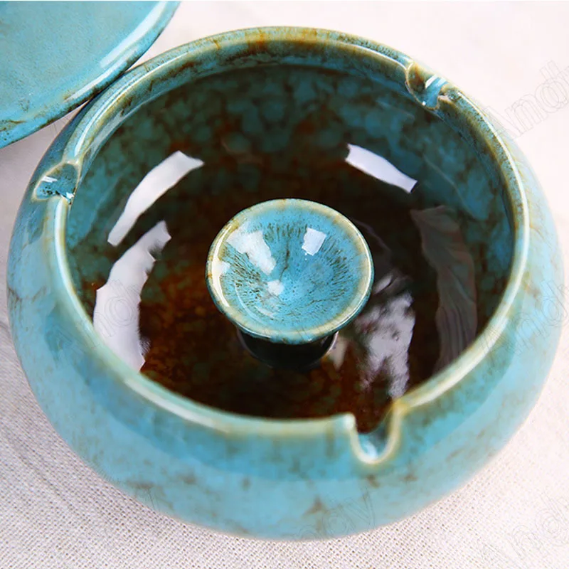 European Ceramic Ashtray with Lid Creative Kiln Change Glaze Decorative Desktop Ashtrays Living Room Retro Ash Tray Ornaments ceramic ashtray cigarettes ashtray