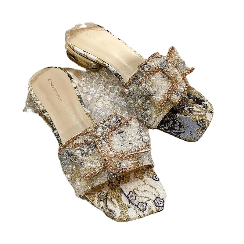 Thick heel sandals and slippers women summer outer wear fashion flat bottom women's rhinestone shoes and flip flops 2022 summer