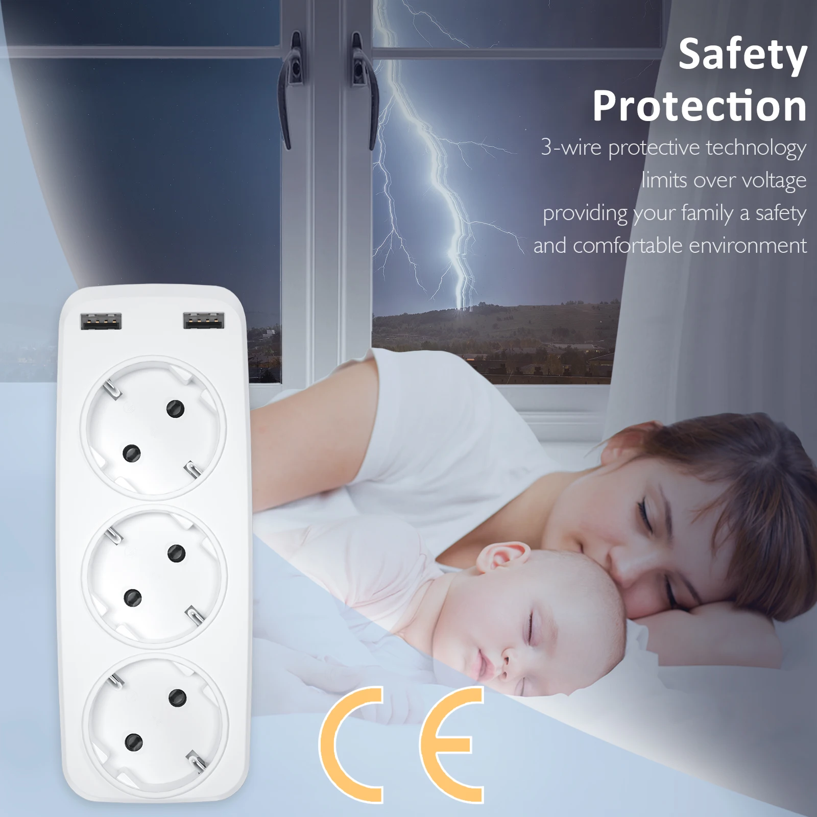 Power Strip Plug Adapter Electrical Socket Power Socket Power Plug Adapter Wall Socket Extender LENCENT Wall Socket Extender with 3 AC Outlets + 2USB Ports 5V 2.4A EU Plug Power Adapter Overload Protection for Home/Office
