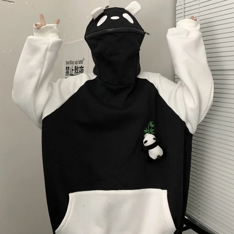 Autumn Panda Doll Embroidery Hoodies Couples Loose Casual Kawaii Plush Pullovers 2024 Indie Fashion Y2k Sweatshirts Oversized