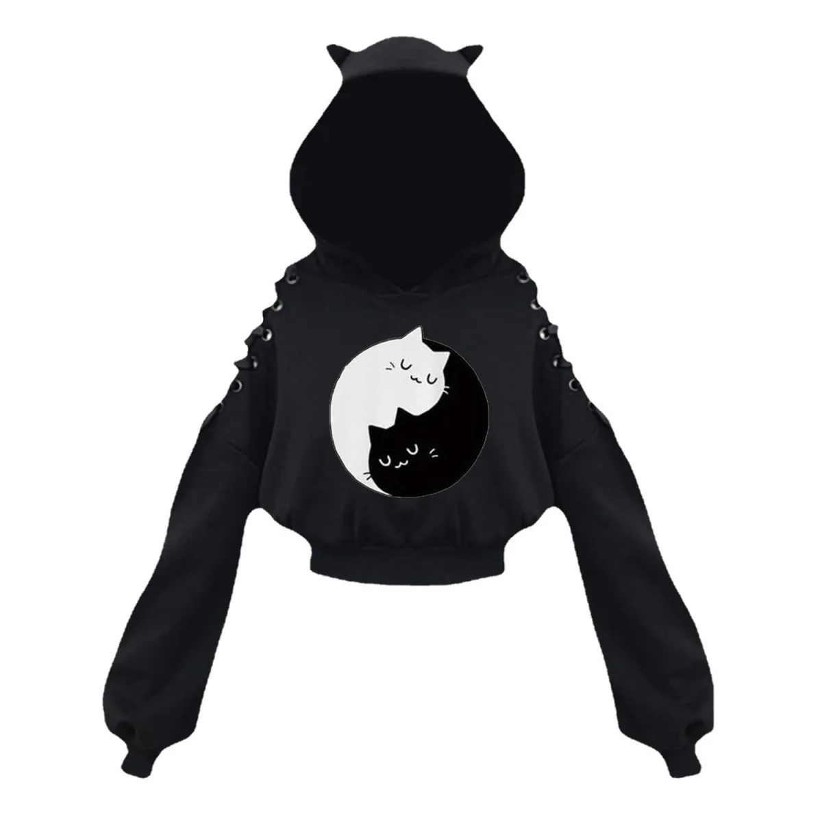 Women Long Sleeve Hoodies Kawaii Cat Ears Hoodie Gothic Punk Harajuku Cold Shouler Bandage Gothic Black Sweatshirts