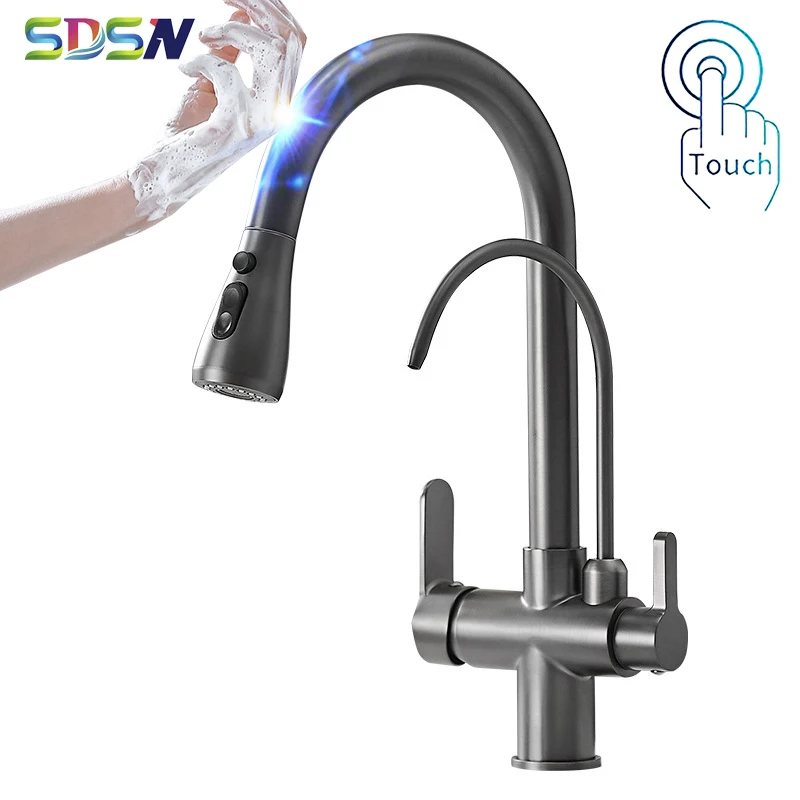 Grey Touch Kitchen Mixer Tap Dual Handle Pull Out Pure Kitchen Sink Faucets Luxury Healthy Smart Sensor Touch Kitchen Faucet