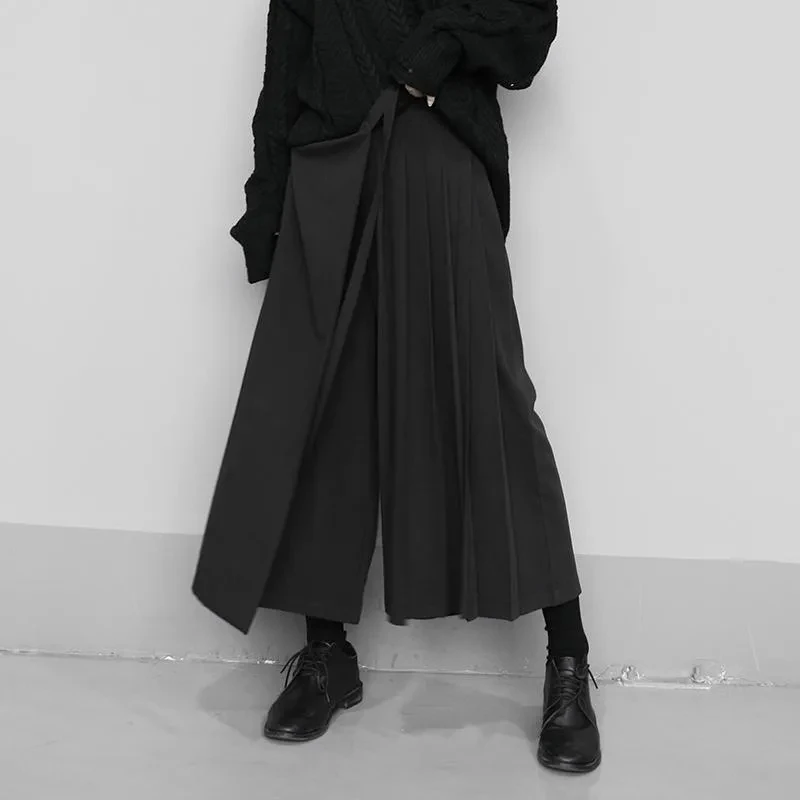 Spring Autumn New False Two-piece Skirt Pants Black Wide-leg Pant Elastic Waist Straps Women 2024 Irregular Casual Cropped Pants 2