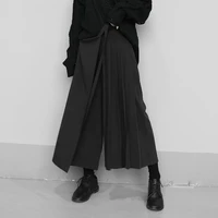 Spring Autumn New False Two-piece Skirt Pants Black Wide-leg Pant Elastic Waist Straps Women 2024 Irregular Casual Cropped Pants 2