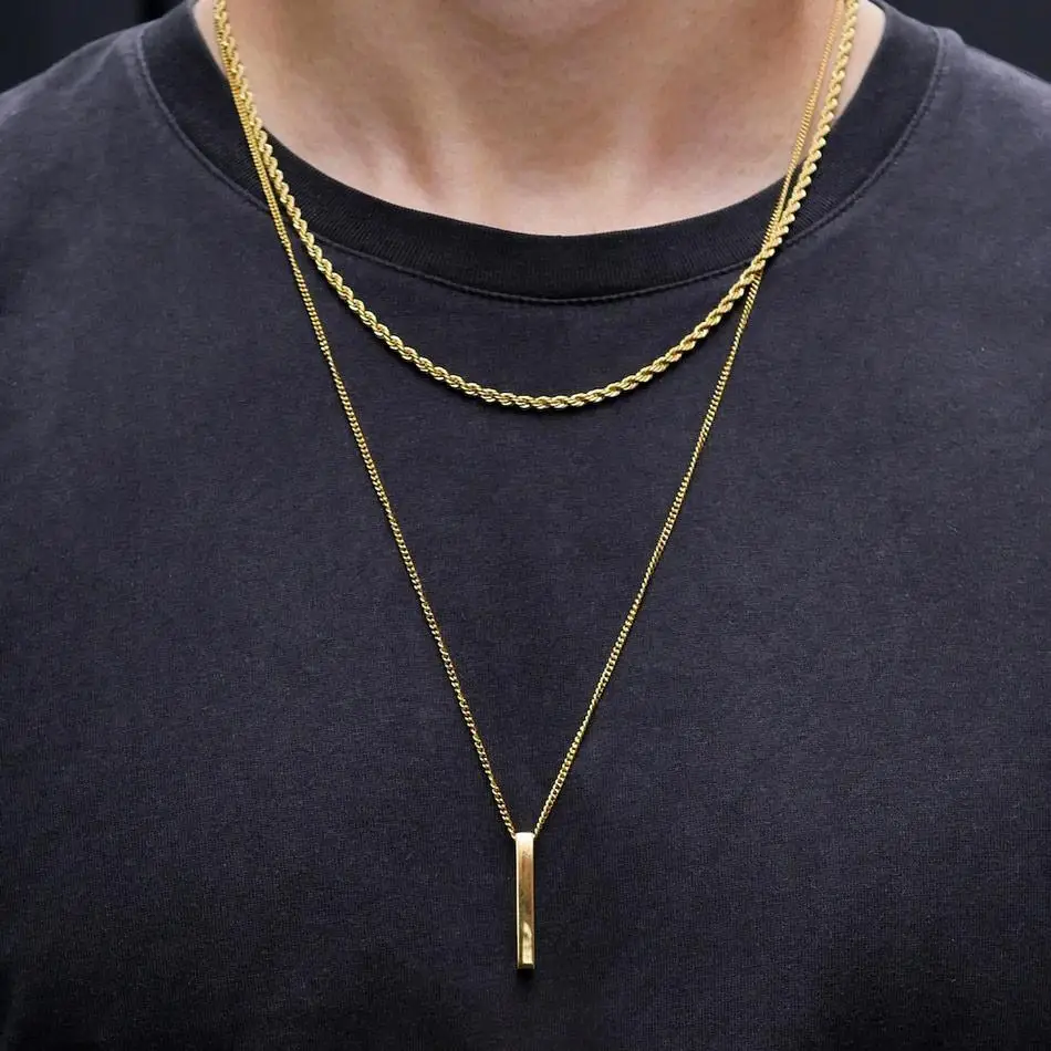 Colliers à barres verticales 3D Vnox pour hommes, pendentif géométrique en acier inoxydable superposé, chaîne cubaine en corde de blé superposée, collier pour garçon_voghion.com