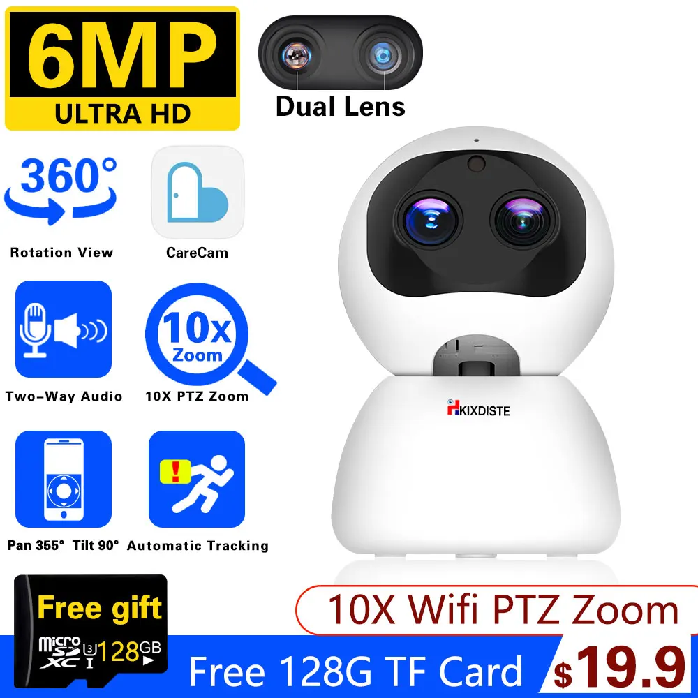 

6MP Dual Lens Wifi IP Security Surveillance Indoor Smart 4MP Home CCTV PTZ Securite Wireless 10X Zoom Baby Pet Monitor Camera