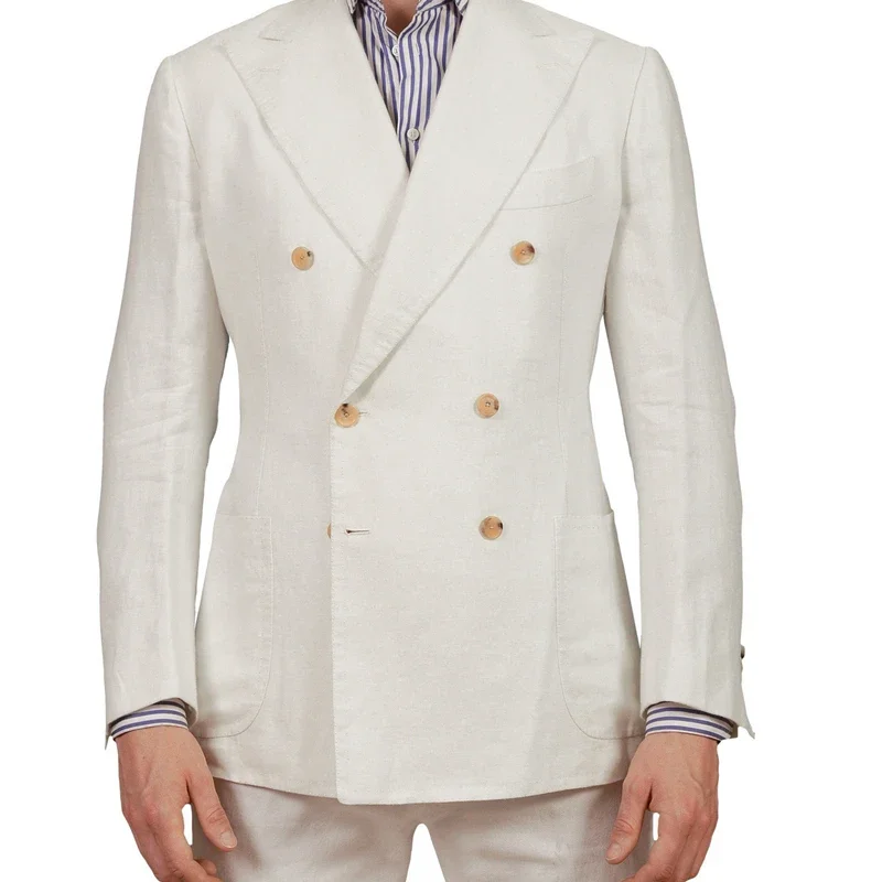 Fashion Summer Linen White Men Suit Casual Double Breasted Slim Fit Blazer Hombre High Quality Custom 2 Piece Set Costume Homme