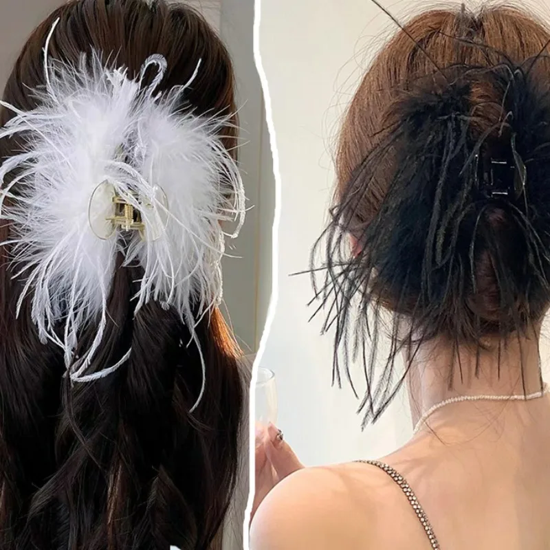 Feather Hair Clip Ostrich Feather Fashion Charms Female Party Costume Headwear Horsetail Claw Clip Shark Clip for Women Gift 20pcs saudi arabia oman uae qatar country life style logo pins croc charms silicone wristband ornament party gift wholesale bulk