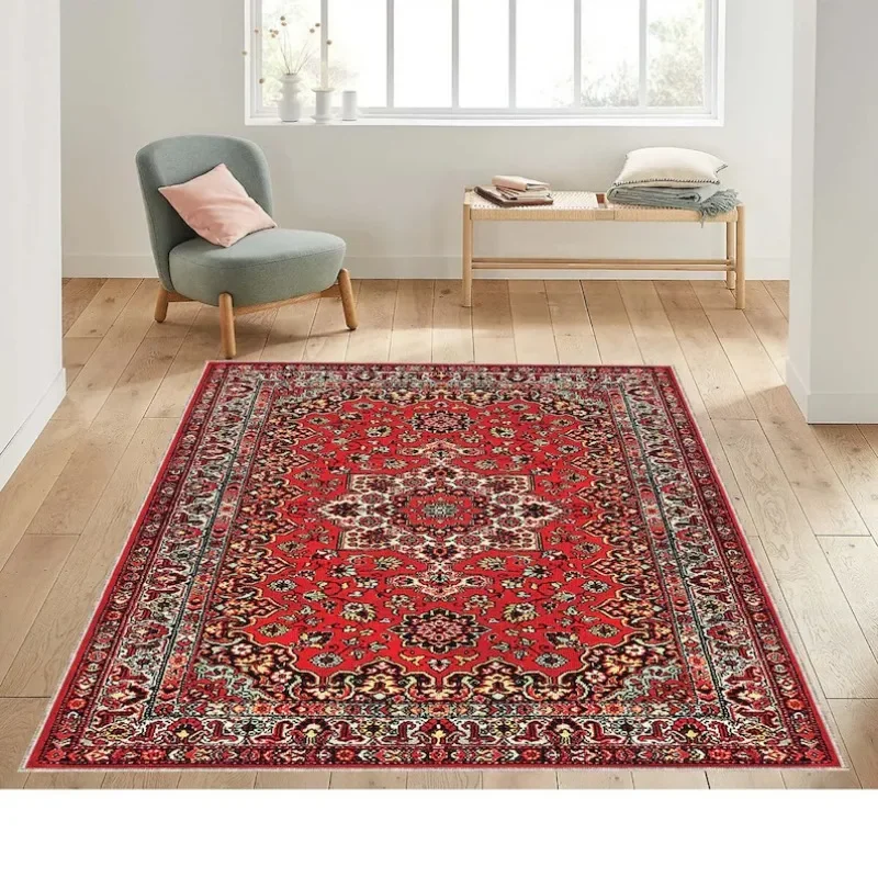 Retro Red Persian Carpet Abstract Ornament Rug Red Turkish Rugs Oriental Bohemian Rug for Living Room Bedroom Non Slip Floor Mat 3