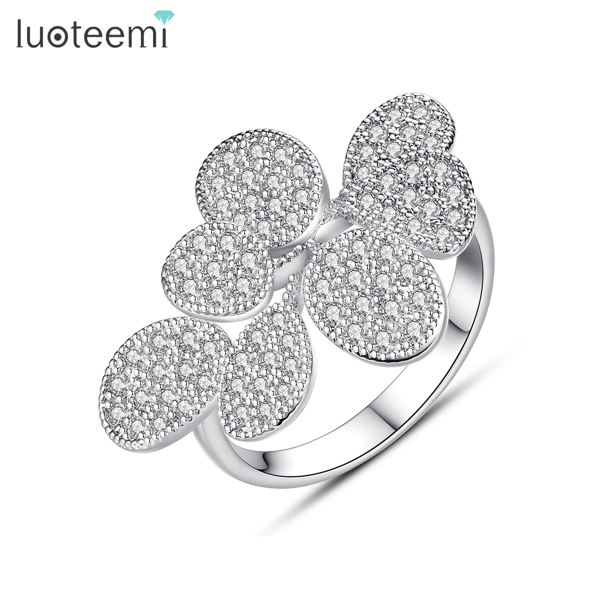 LUOTEEMI Elegant CZ Flower Ring For Women Luxury Lady Cubic Zirconia Paved Resizable Open Finger Rings Party Jewelry Pierscionek
