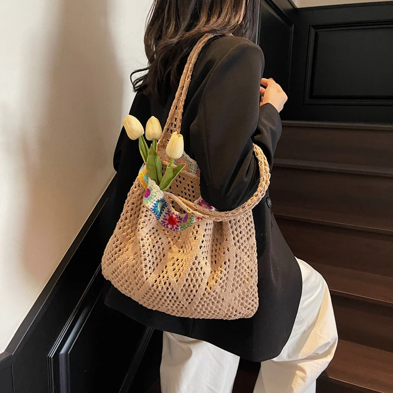 Summer Mesh Knitted Fashionable and casual Beach Bag Travel Tote Commuter Bag Vacation Shopping handbag Daily use