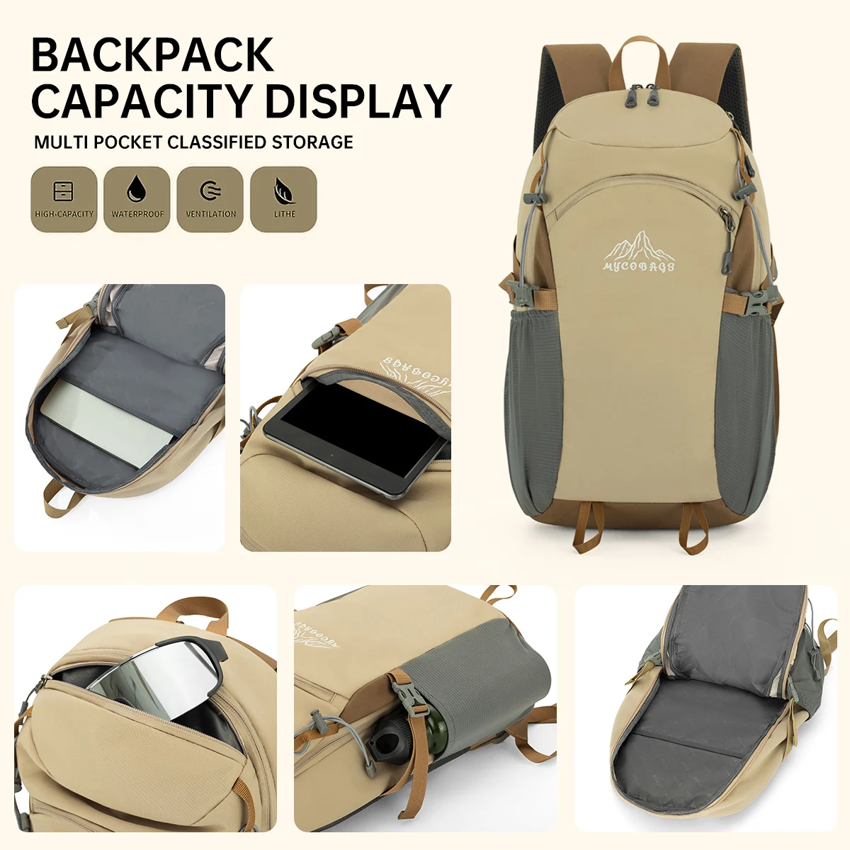 Mountaineering Bag Outdoor Large-Capacity Water-Repellent Backpack Quick-Drying Short-Distance Travel Hiking Backpack Sports Tra