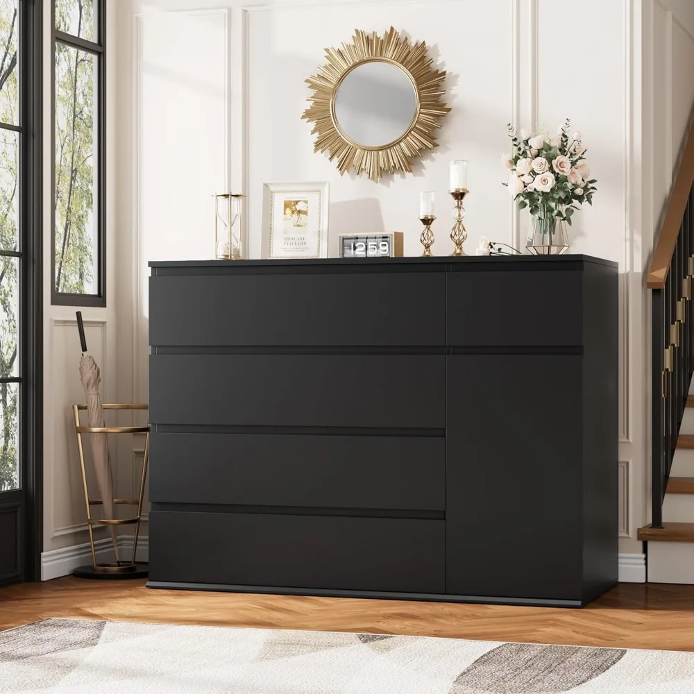 5 Drawer Dresser, Black Dresser Modern Dresser for TV Stand, Double Dresser Wide Storage Chests of Drawer with Door, Deep Drawe 2