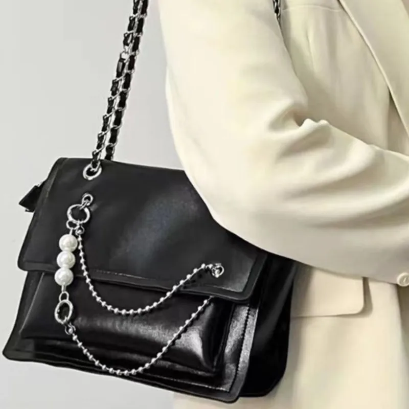 JIAERDI Solid Color Beaded Chain Handbag Women Leather Large Capacity Shoulder Bag Ladies Fashion Versatile Commute Tote Bag New