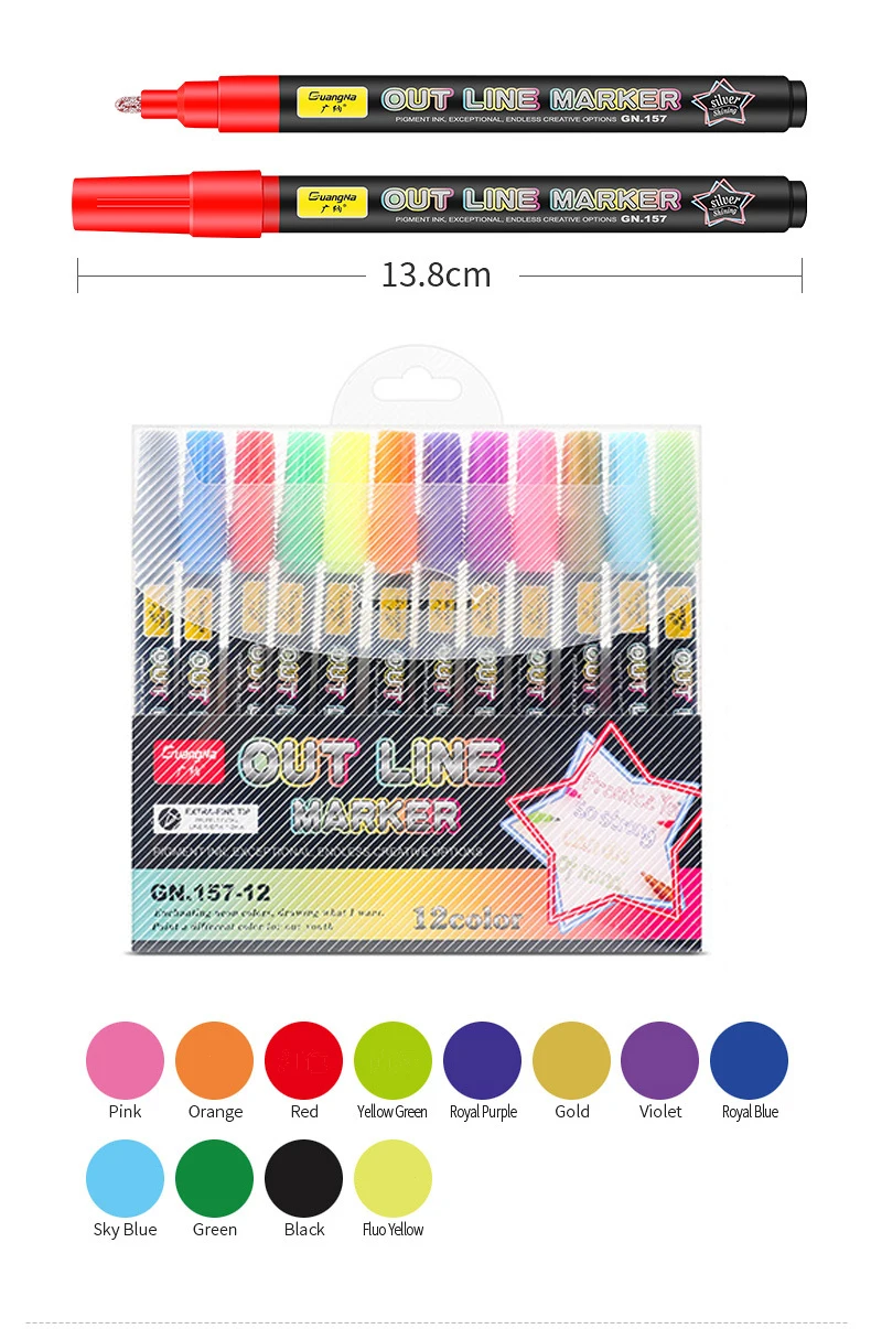 DIY 그래피티 아웃 라인 하이라이터 마커 펜, 스크랩북 불릿 다이어리 포스터 카드용, 12 색 24 색