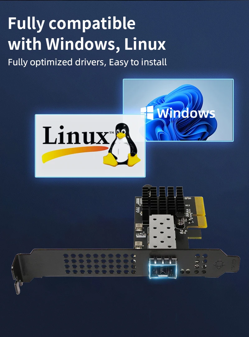 Lekuo 10G PCIe 네트워크 카드 RTL8127 10 기가비트 SFP+ 파이버 NIC 어댑터(서버 워크스테이션용) Linux Windows 로우 프로파일