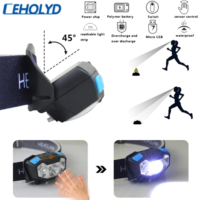 

Super Bright XHP50 LED Body Motion Sensor Headlamp Mini Headlight Rechargeable Outdoor Camping Flashlight Head Torch Lamp