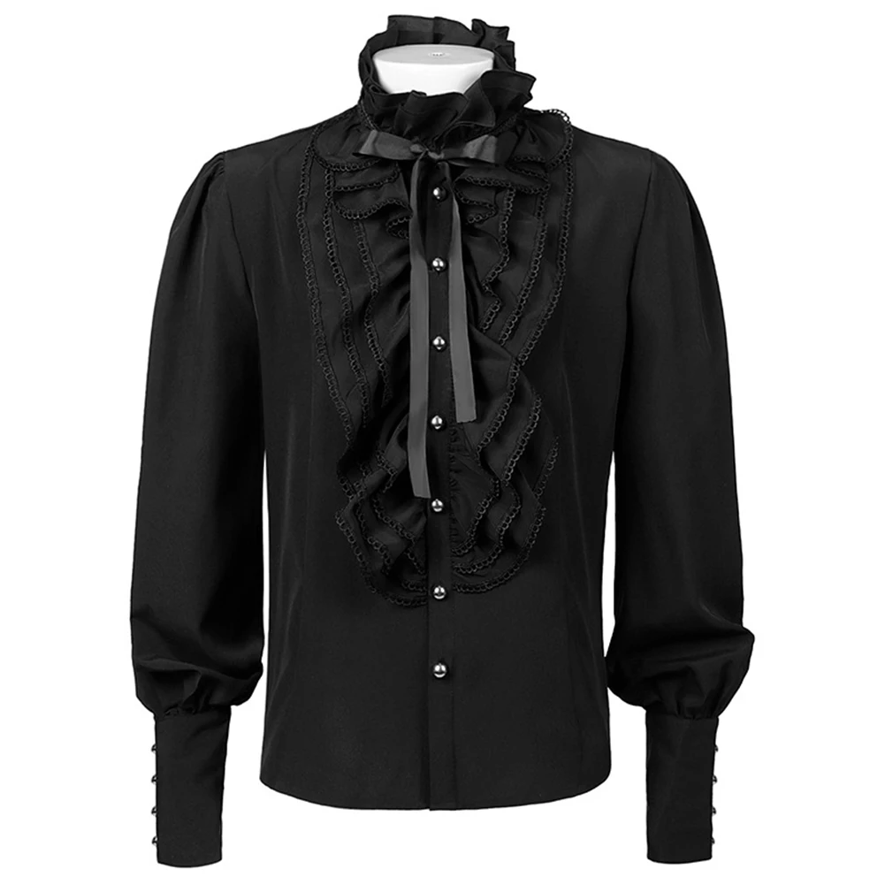 

Men Gothic Bow Retro Pleated Medieval Steampunk Shirt Top Victorian Medieval Ruffle Pirate Puff Sleeve Blouse Button Male Shirt