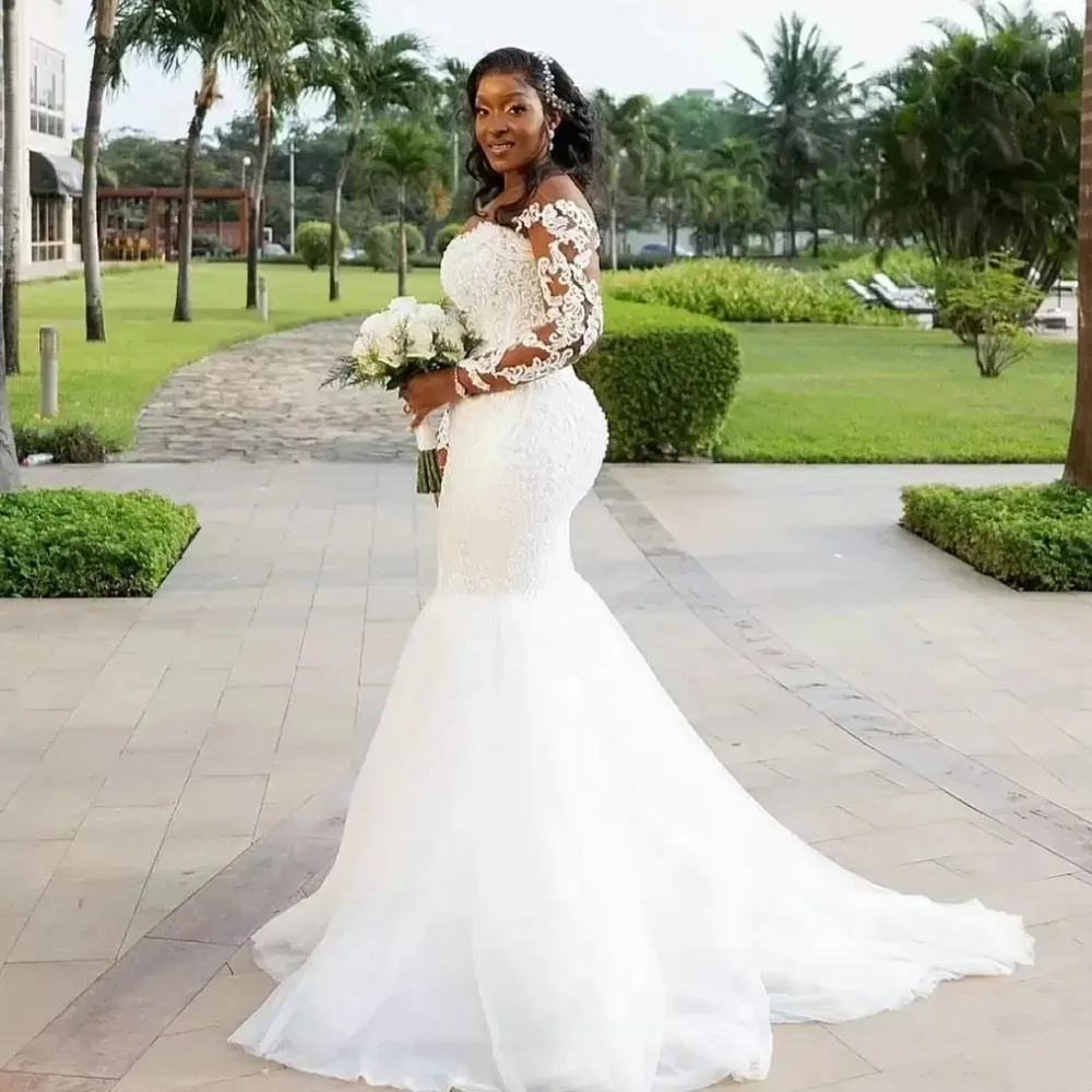 

Long Sleeve Sweetheart Mermaid Wedding Dress Lace Illusion White Tulle Chic Bridal Party Gown Women Marriage Robe Custom Made