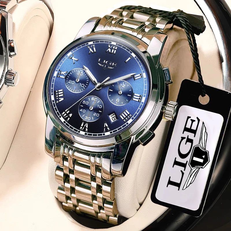 LIGE  Fashion Watches with Stainless Steel Top Brand Luxury Sports Chronograph Quartz Wristwatc Men Relogio Masculino