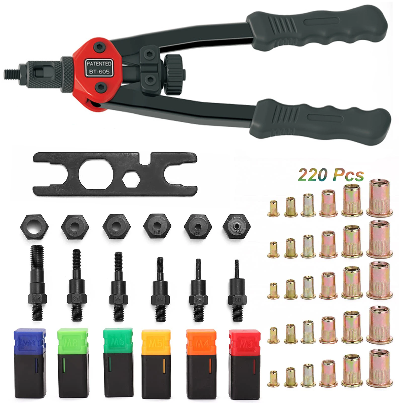 13-hand-threaded-rivet-nuts-gun-bt605-m3-m4-m5-m6-m8-m10-double-insert-manual-riveter-gun-tool-with-220pcs-rivet-nut