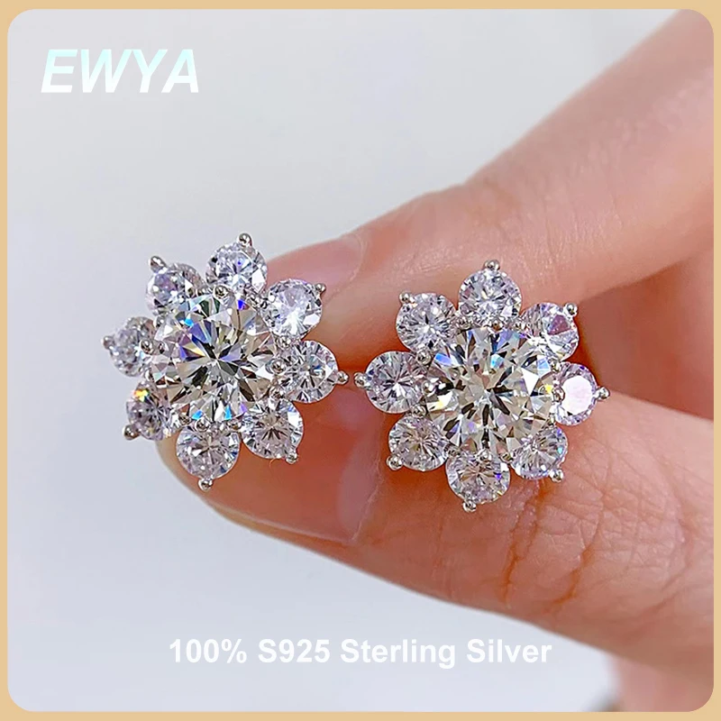 

EWYA 100% Real S925 Sterling Silver Floral Zircon Stud Earrings Women High Carbon Diamond Earring Ear Studs Fine Jewelry Gift