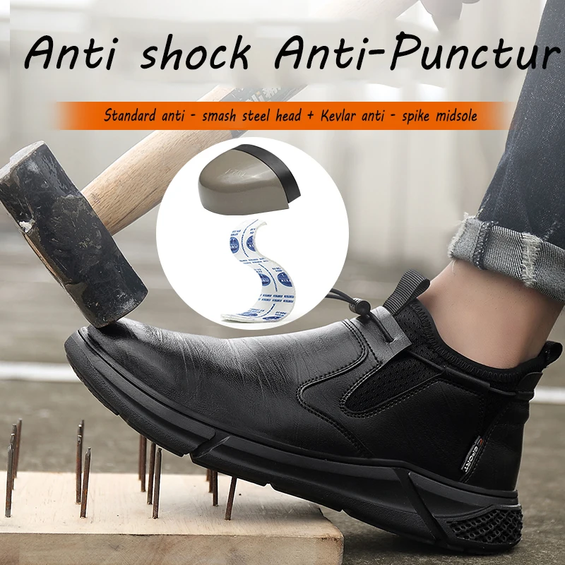 أحذية عمل جلدية سوداء جديدة للرجال، بتصميم غير قاب...