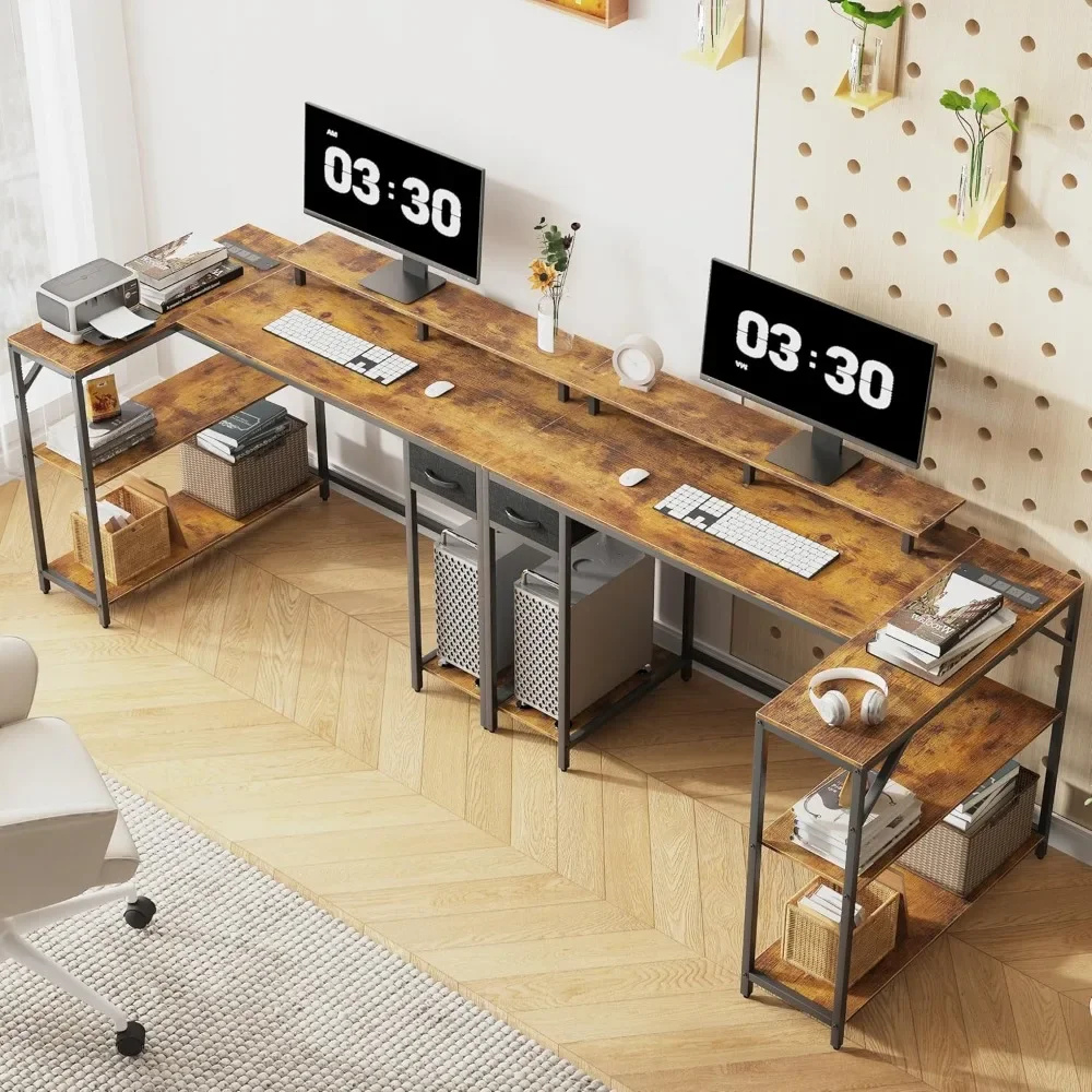 New2025-47" L Shaped Computer Desk with LED Light and Power Outlet, Reversible L Shaped Desk with Monitor Stand and Drawer, Gami