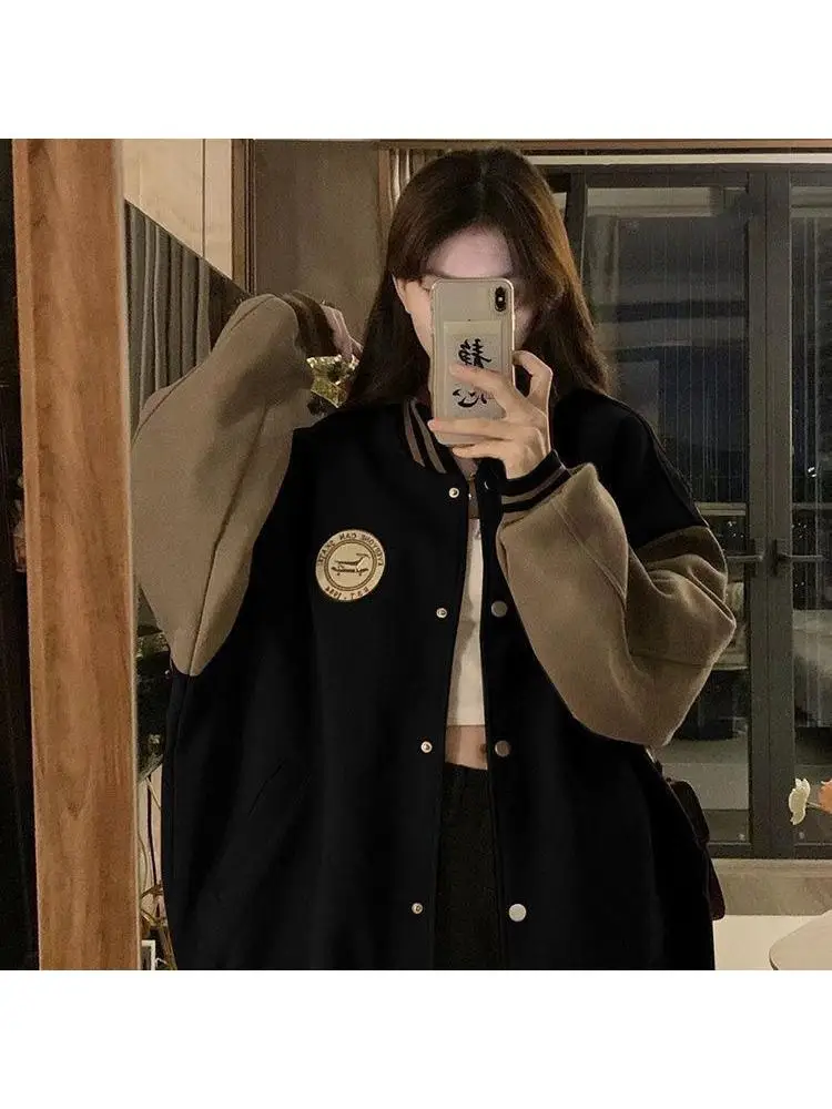 여성용 두꺼운 플리스 야구 재킷 루즈핏 오픈 가디건 스웨트셔츠 트렌디 가을 겨울 스포츠웨어 캐주얼 의상