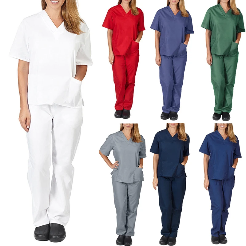 

New Nurse Uniform Suit Women's Short Sleeve Blouse V-neck Shirt Tops+Elastic Pants 2pcs Set Worker Doctor Frosted Nursing Scrubs