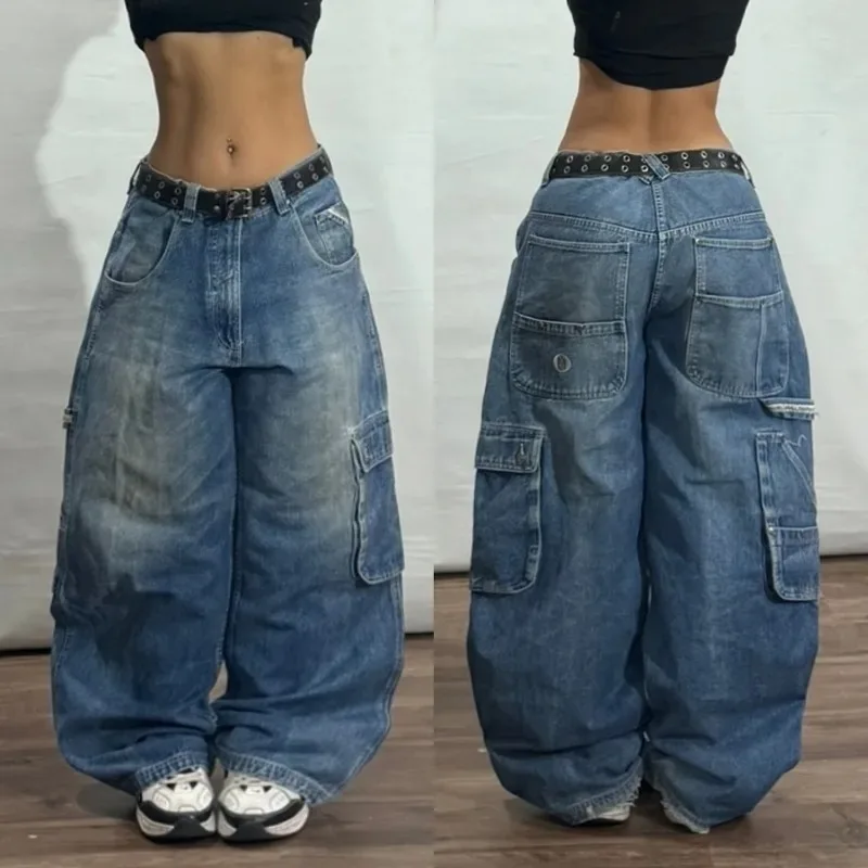 Nueva moda americana azul multibolsillo lavado pantalones vaqueros holgados hombres Y2K Punk Hip Hop Popular Casual pareja pantalones de pierna ancha de cintura alta