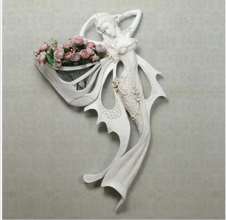 

European Reisn Angel Character Wall Vase+ Artificial Flower Set Crafts Home Livingroom Wall Hanging Decoration Hotel Wall Mural