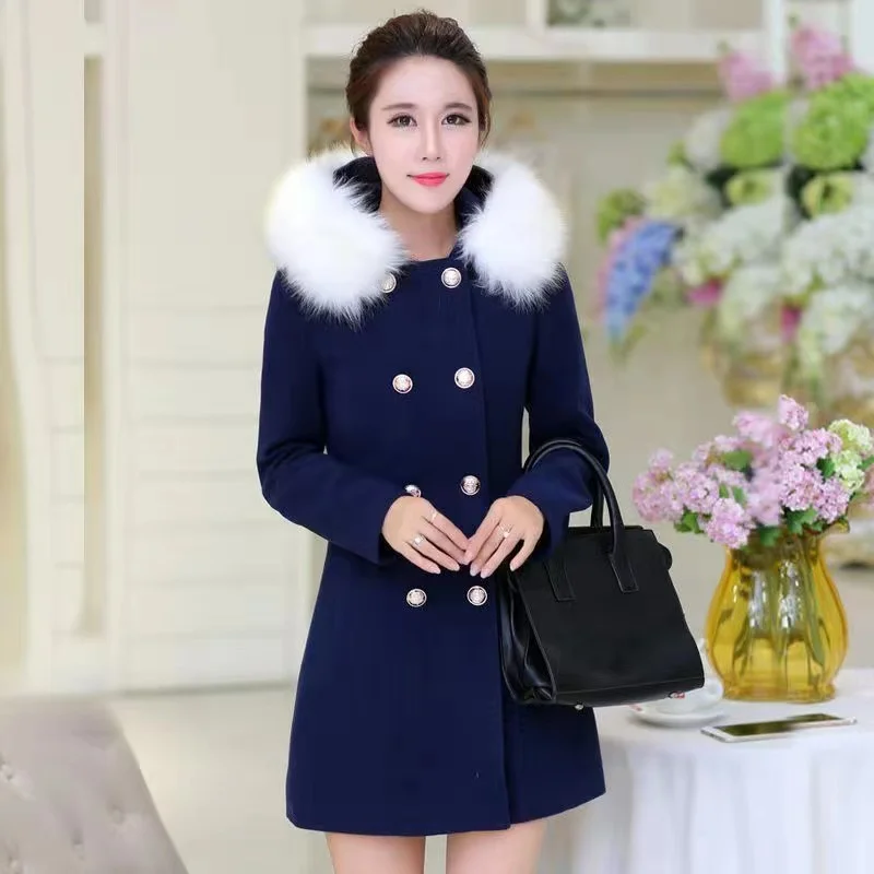 

2023 New Woolen Korean Winter Jacket Women Wool Coat Hooded Fur Collar Long Coat Female Fashion Double-Breasted Womens Jackets