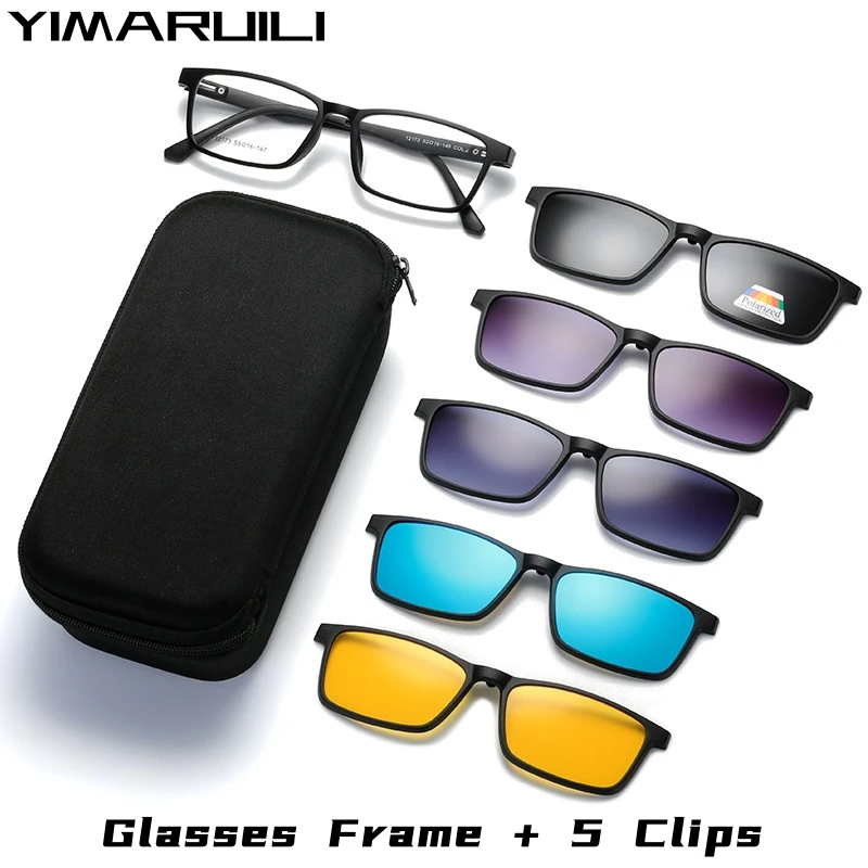 YIMARUILI Ultra-light 1+5 Magnetic Suction Polarized Clip Eyewear TR90 Retro Square Optical Prescription Eyeglasses Frame Men