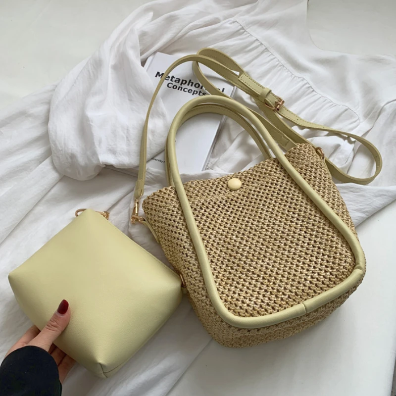 

Summer Travel Ladies Woven Shoulder Bag Simple Design Women's Straw Messenger Bags Vintage Square Female Bucket Beach Handbags