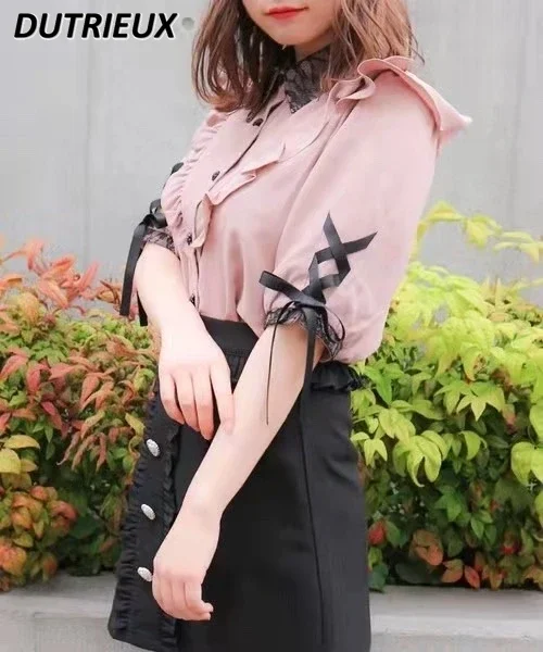 Japanese Style Rojita Mine Cuff Bow Sweet Cute Girls Top Summer All-Matching Simple Commuter Single-Breasted Pink Shirt