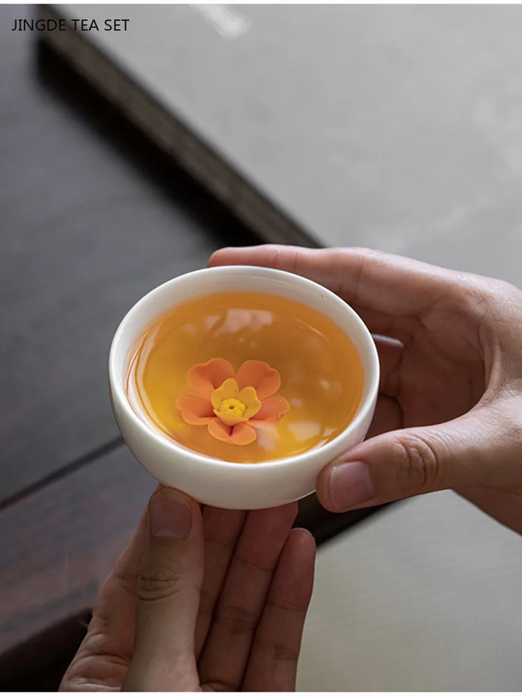 80ml Mutton Fat Jade White Porcelain Teacup Handmade Flower Master Cup Exquisite Ceramic Tea Cup Custom Portable Tea Accessories